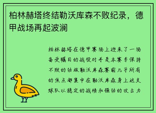 柏林赫塔终结勒沃库森不败纪录，德甲战场再起波澜